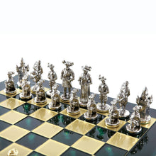 Load image into Gallery viewer, Knights Large Chess Set - Brass Nickel Pawns - Green chess Board
