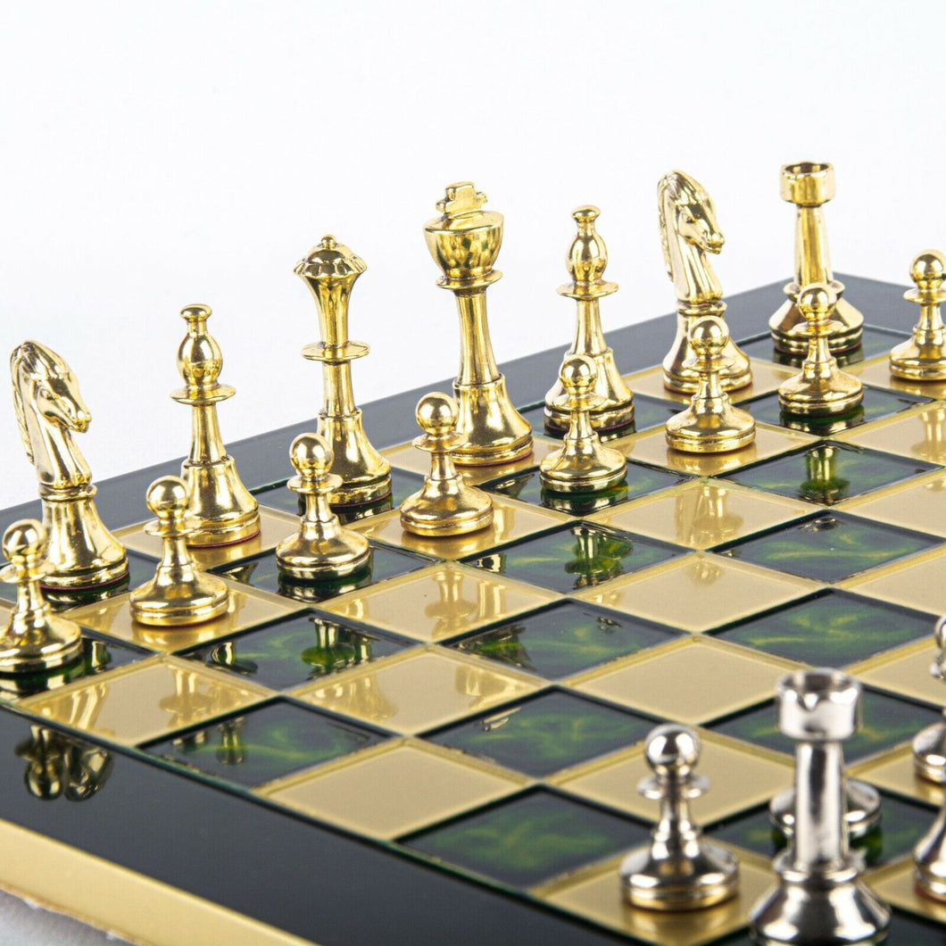 Classic Metal Staunton Chess Set - Brass Nickel Pawns - Green chess Board