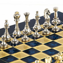 Load image into Gallery viewer, Classic Metal Staunton small Chess Set - Brass Nickel Pawns - Blue chess Board
