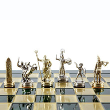 Load image into Gallery viewer, Greek Mythology Chess Set - Brass Nickel Pawns - Green chess Board
