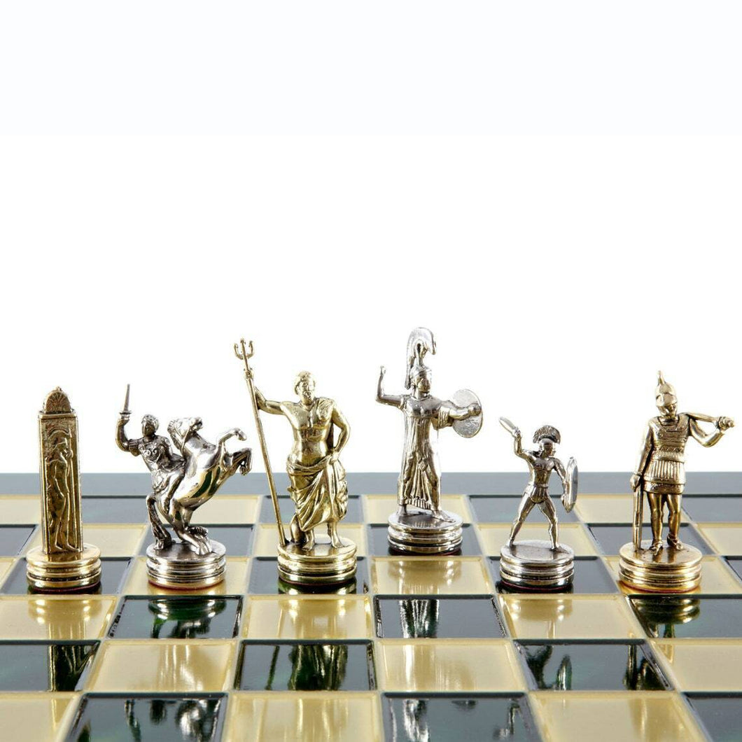 Greek Mythology Chess Set - Brass Nickel Pawns - Green chess Board