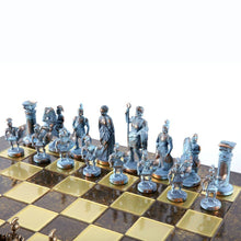 Load image into Gallery viewer, Greek Roman Army Large Chess Set - Blue Copper Pawns - Brown chess Board
