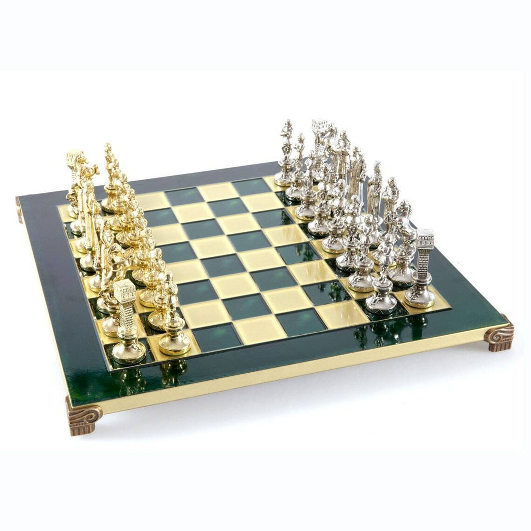 Renaissance Chess Set - Brass Nickel Pawns - Green chess Board