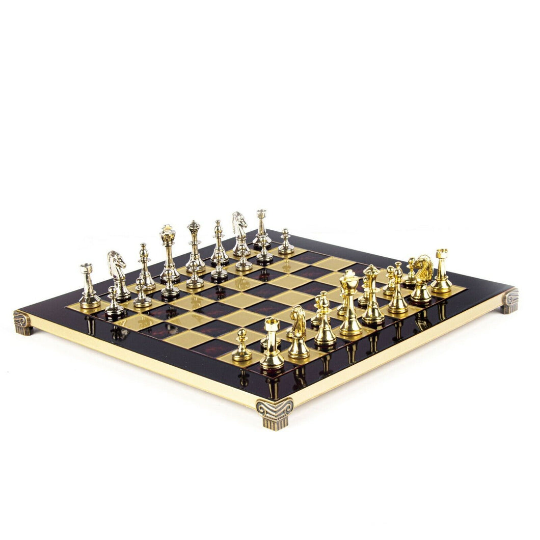 Classic Metal Staunton Chess Set - Brass Nickel Pawns - Red chess Board