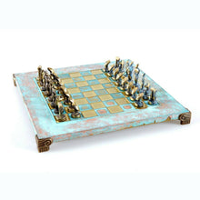 Load image into Gallery viewer, Cycladic Art Chess Set - Bronze Material - Blue Handmade oxidized chess Board
