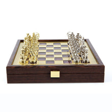 Load image into Gallery viewer, Archers Small Chess Set - Brass Nickel Pawns - Red Brass Wooden case Board
