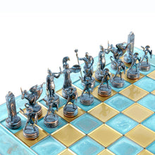 Load image into Gallery viewer, Greek Mythology Chess Set - Blue Copper Pawns - Blue oxidized chess Board
