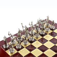 Load image into Gallery viewer, Greek Mythology Chess Set - Brass Nickel Pawns - Red chess Board
