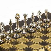 Load image into Gallery viewer, Classic Metal Staunton small Chess Set - Brass Nickel Pawns - Brown chess Board
