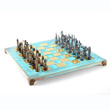 Load image into Gallery viewer, Greek Mythology Chess Set - Blue Copper Pawns - Blue oxidized chess Board
