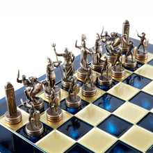 Load image into Gallery viewer, Greek Mythology Chess Set - Blue Copper Pawns - Blue chess Board
