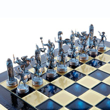 Load image into Gallery viewer, Greek Mythology Chess Set - Blue Copper Pawns - Blue chess Board
