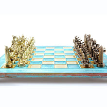 Load image into Gallery viewer, Greek Mythology Chess Set - Brass Copper Pawns - Blue oxidized chess Board
