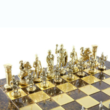 Load image into Gallery viewer, Greek Roman Army Large Chess Set - Brass Nickel Pawns - Brown chess Board
