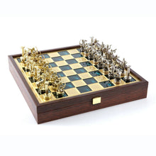 Load image into Gallery viewer, Hercules Chess Set - Brass Nickel Pawns - Green Wooden case Board
