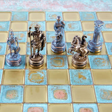 Load image into Gallery viewer, Greek Roman Army Chess Set - Blue Copper Pawns - Blue oxidized chess Board
