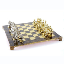 Load image into Gallery viewer, Knights Large Chess Set - Brass Nickel Pawns - Brown chess Board
