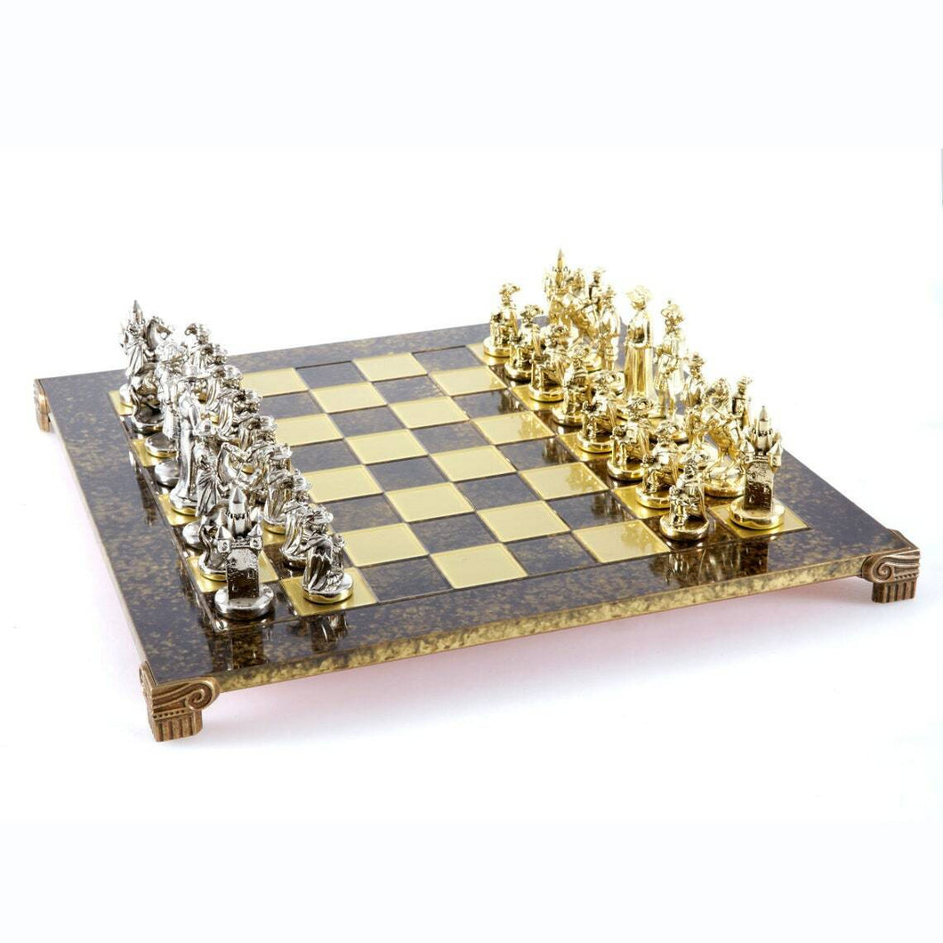 Knights Large Chess Set - Brass Nickel Pawns - Brown chess Board