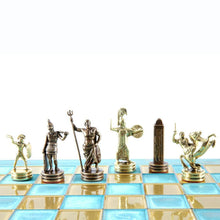 Load image into Gallery viewer, Greek Mythology Chess Set - Brass Copper Pawns - Blue oxidized chess Board
